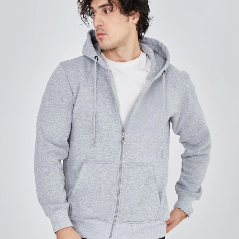 Tam Fermuarlı Kapşonlu  SweatShirt - Gri